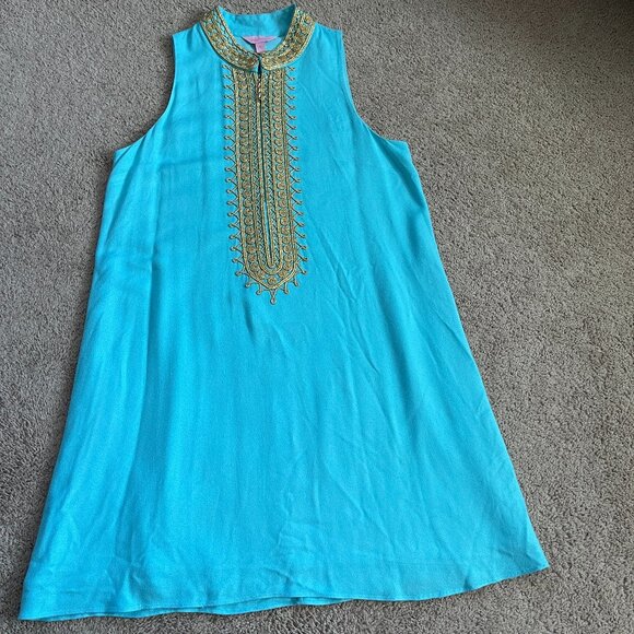 Lilly Pulitzer IBIZA BLUE JANE SHIFT DRESS Gold Braid Nehru Sleeveless Dress Sz6 - Picture 2 of 12